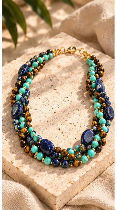 Tiger Eye, Turquoise & Lapis Lazuli Triple-Strand Natural Stone Necklace