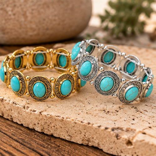 Western Oval Faux Turquoise Stretch Bracelet – Gold or Silver