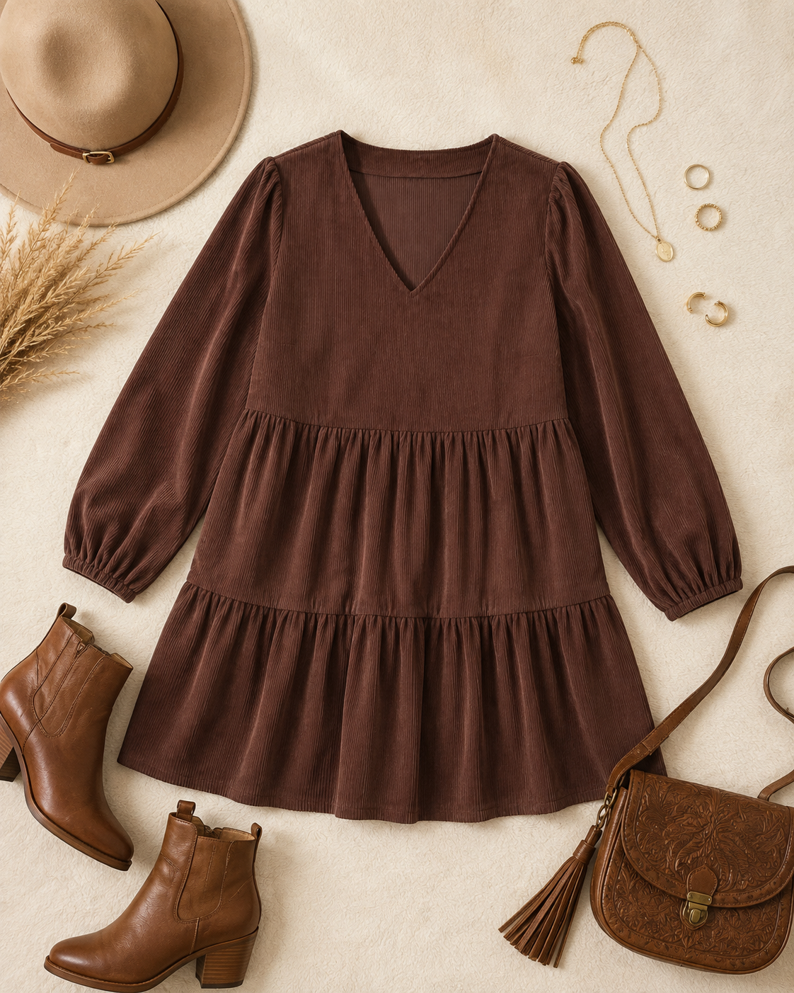 A dark brown long-sleeve tiered dress with a V-neck, styled in a flat lay with a beige hat, brown ankle boots, a brown leather tassel shoulder bag, gold jewelry, and dried grass on a textured beige background.