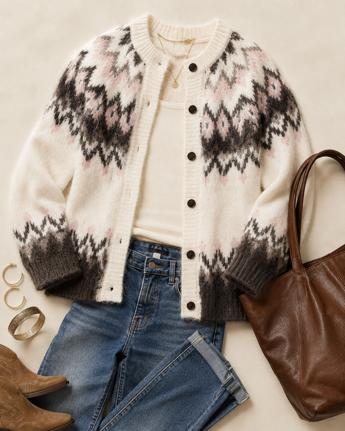 A styled flat-lay featuring a cream knit cardigan with a black and dusty pink geometric pattern, worn over a cream top with blue jeans, styled with a brown leather tote bag, gold rings, and brown boots on a beige background.