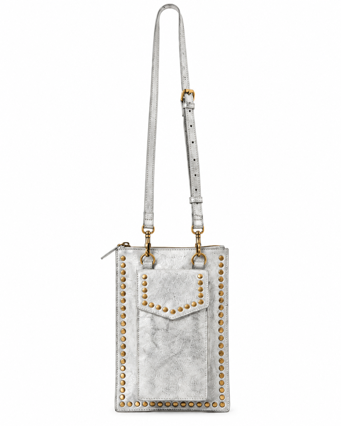 A silver faux-leather shoulder bag with gold-tone studs and hardware, featuring a front flap pocket and a long adjustable shoulder strap, shown against a plain white background.