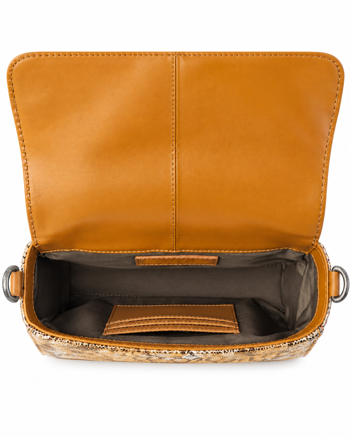 An open tan leather shoulder bag with a snakeskin-patterned bottom edge, showing a dark brown interior lining and a card slot pocket.