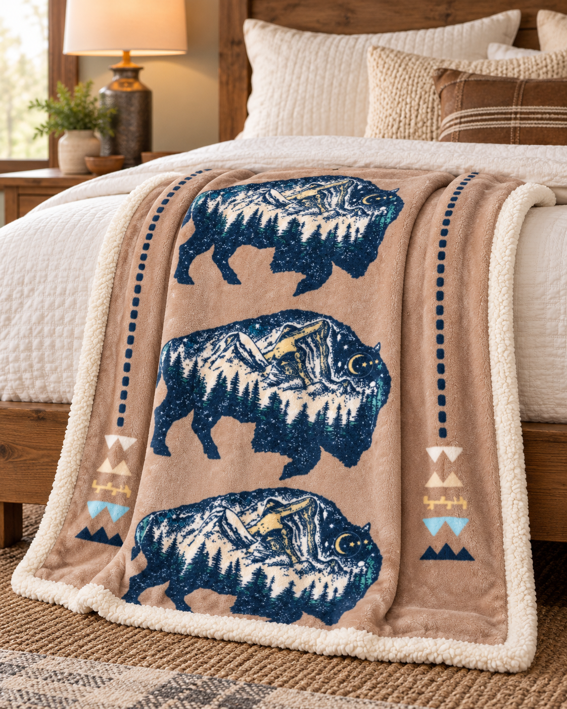 A beige sherpa blanket with three blue bison motifs and geometric patterns, draped over a bed in a rustic bedroom setting.