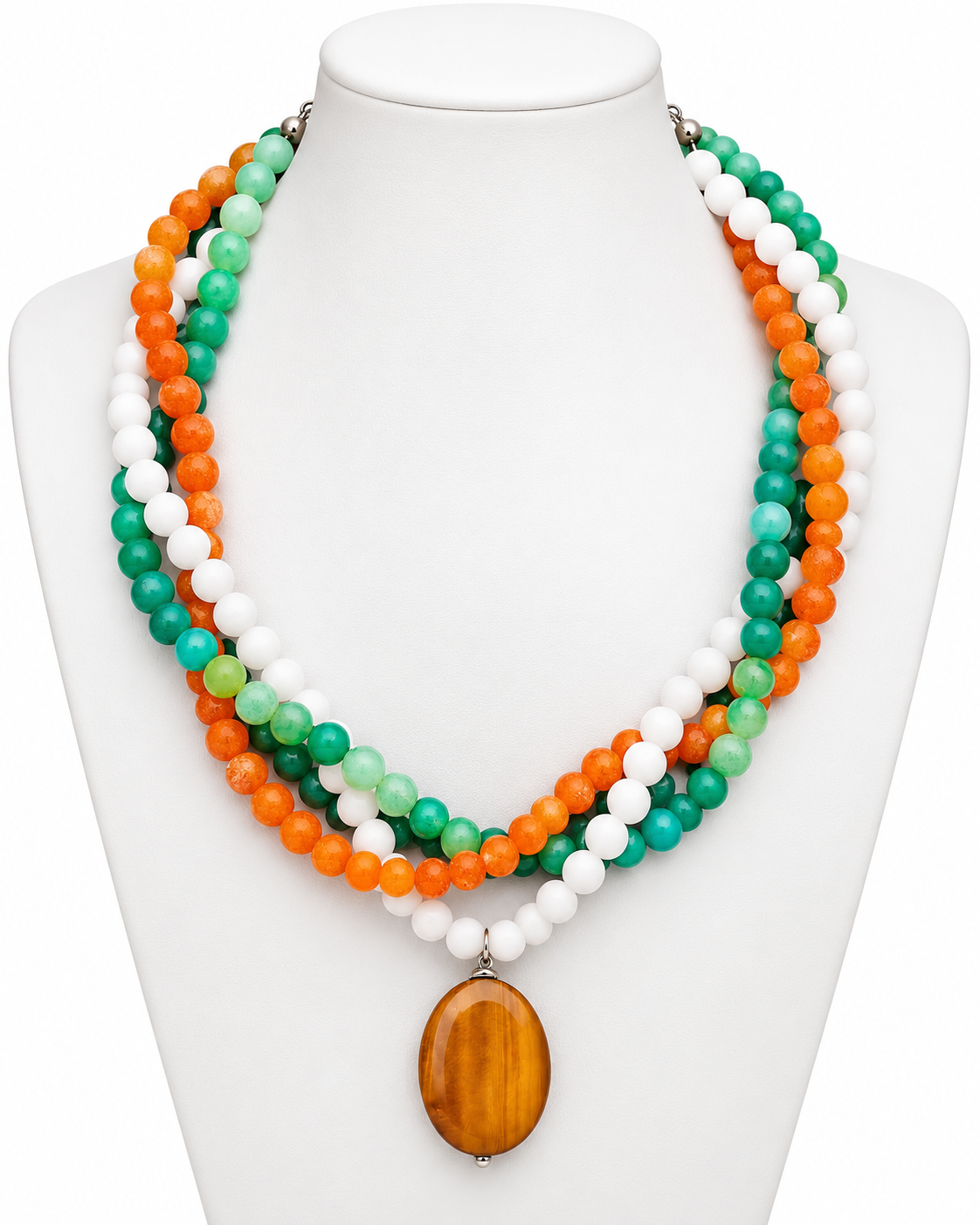 Triple-Strand Orange, Green & White Agate Gemstone Necklace