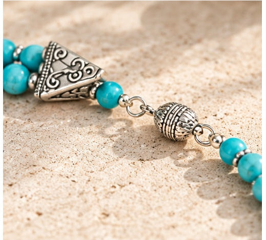 Handcrafted Turquoise Double-Strand Necklace with Oval Pendant
