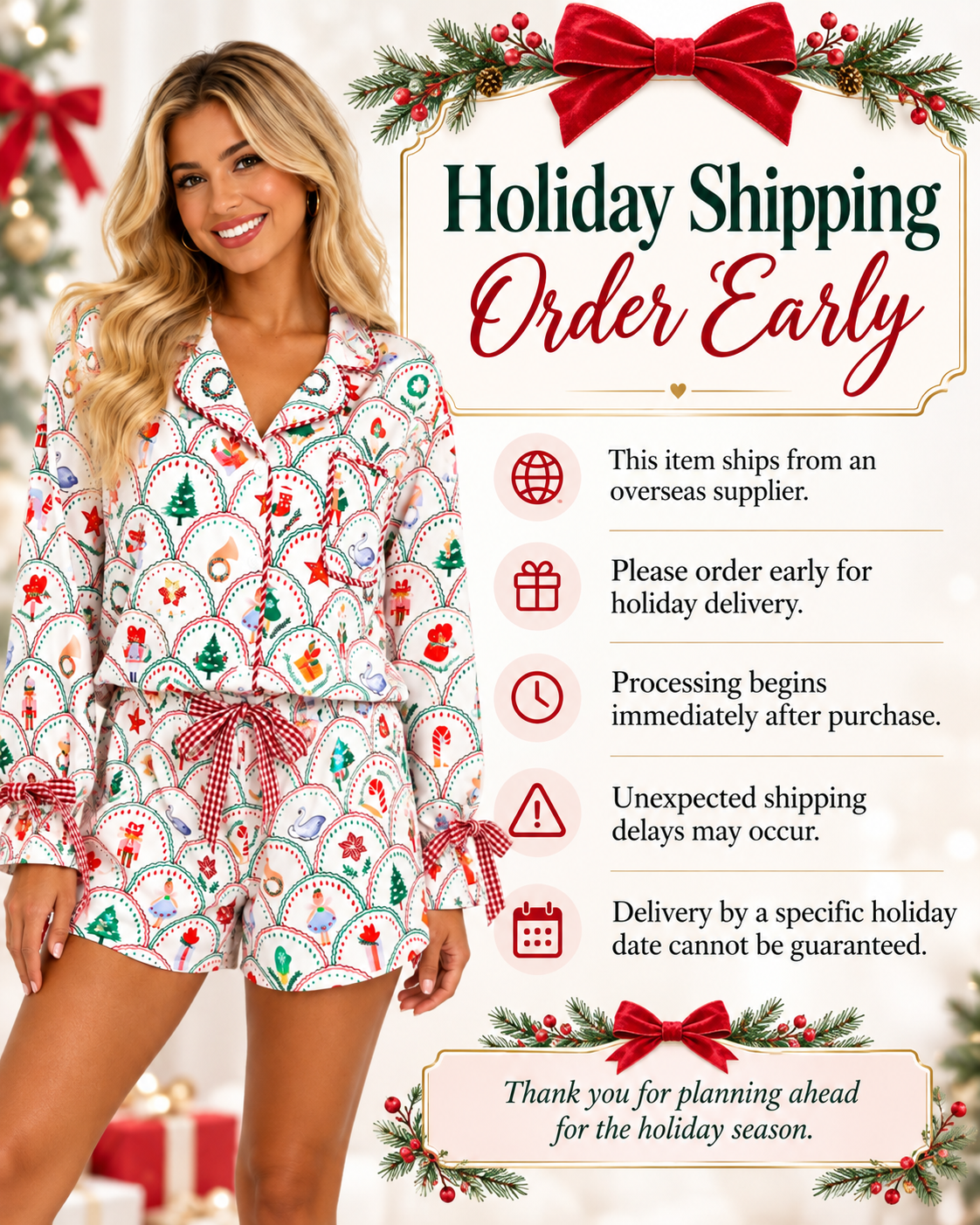 White Christmas Scallop Print Pajama Shorts Set