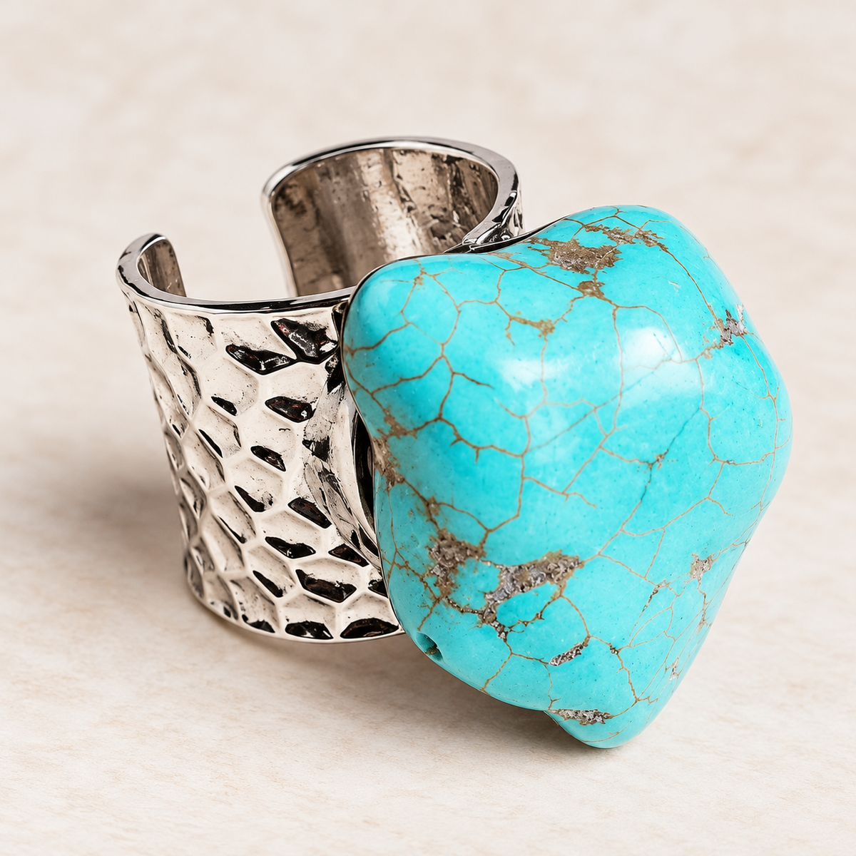 Turquoise Chunk Adjustable Silver-Tone Cuff Statement Ring