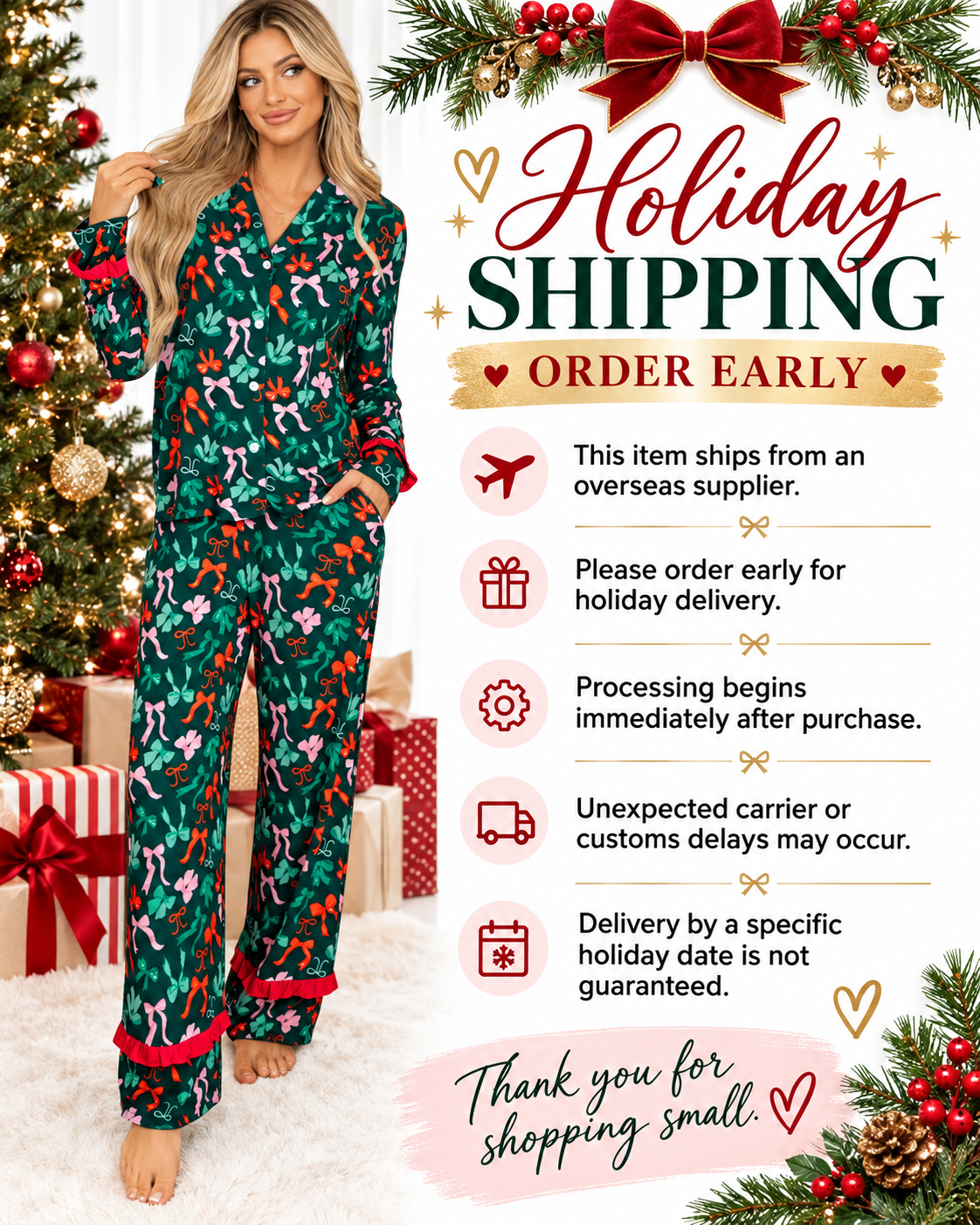 Green Christmas Bow Print Pajama Pants Set | Ruffle Trim