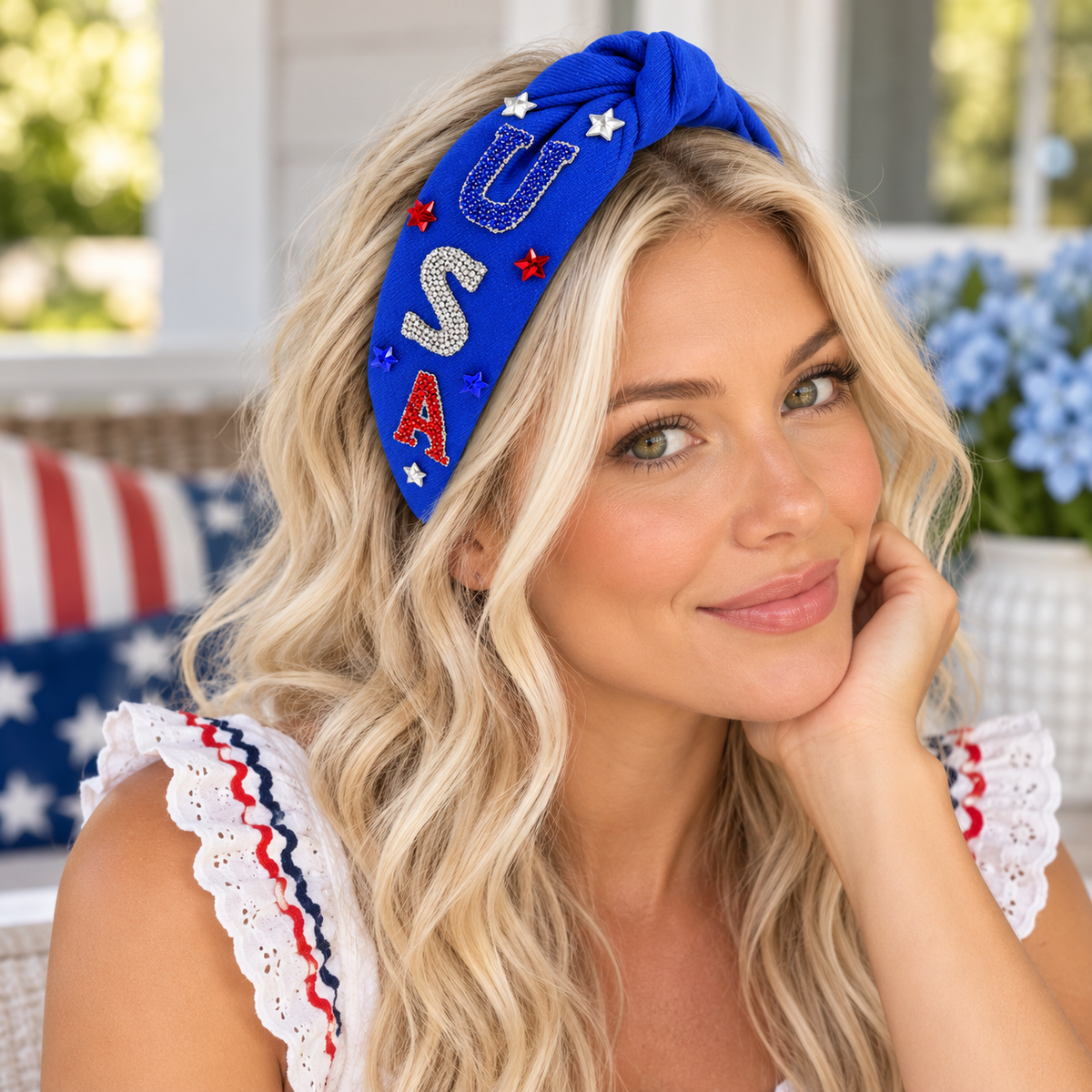 Glam USA Rhinestone Knotted Headband – Red, White & Blue Patriotic Style