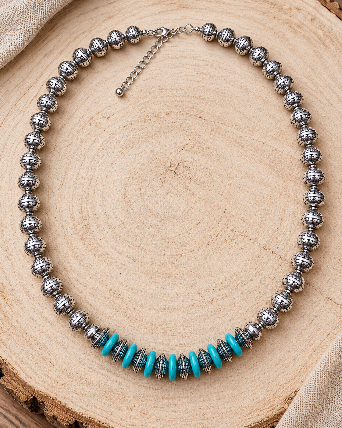 Western Stamped Silver-Tone Pearl & Faux Turquoise Saucer Necklace — 24"