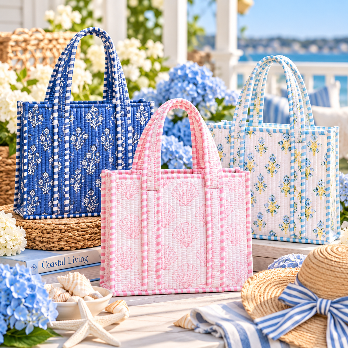 Coastal Heirloom Small Quilted Tote Bag | Floral & Seashell Prints