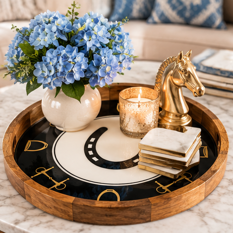 Huntley Equestrian Horseshoe & Horse Bit Round Wooden Tray