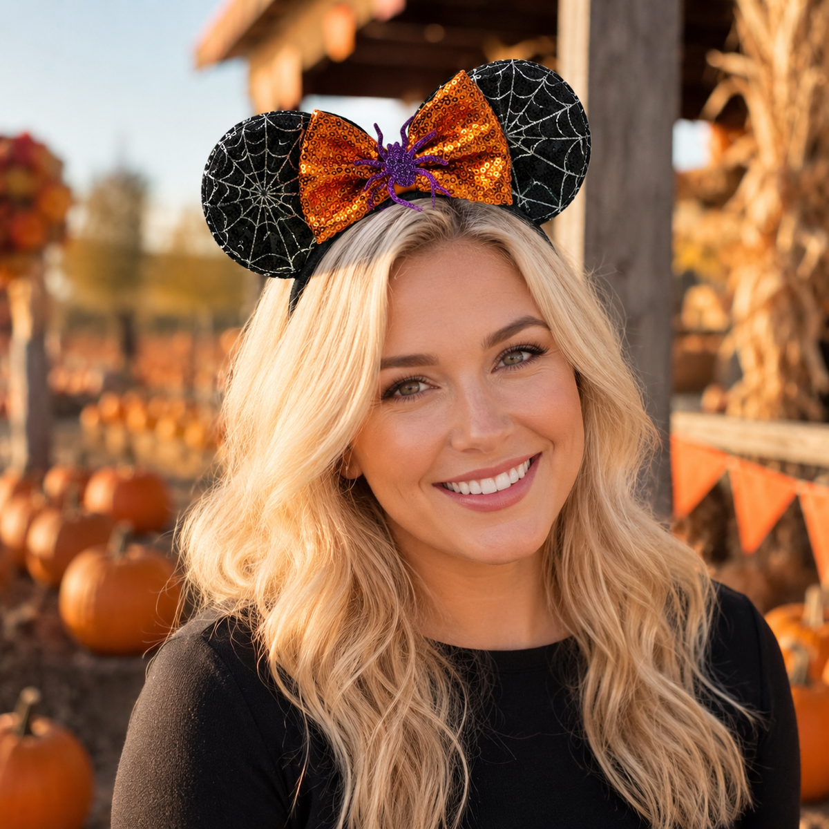 Blonde woman wearing orange spiderweb ear headband with black sequin bow for Halloween