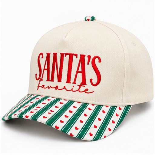 Santa’s Favorite Embroidered Christmas Hat – Green Stripe & Red Heart Snapback