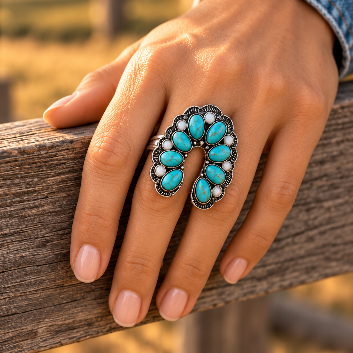 Western Squash Blossom Adjustable Ring | Faux Turquoise & Opal