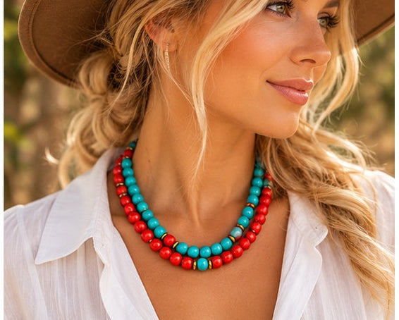Handcrafted Turquoise & Coral Two-Strand Beaded Necklace