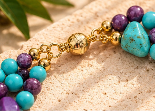 Handcrafted Turquoise & Purple Jade Three-Strand Statement Necklace