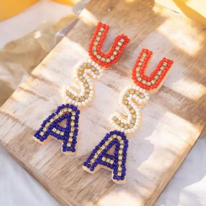 Patriotic For The USA Seed Beed Drop Earrings