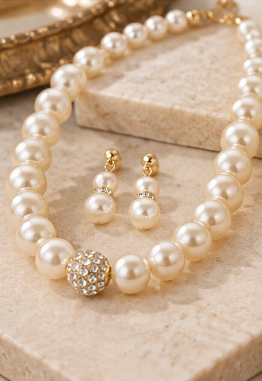 Crystal Pavé & Faux Pearl Strand Necklace | Black or Ivory