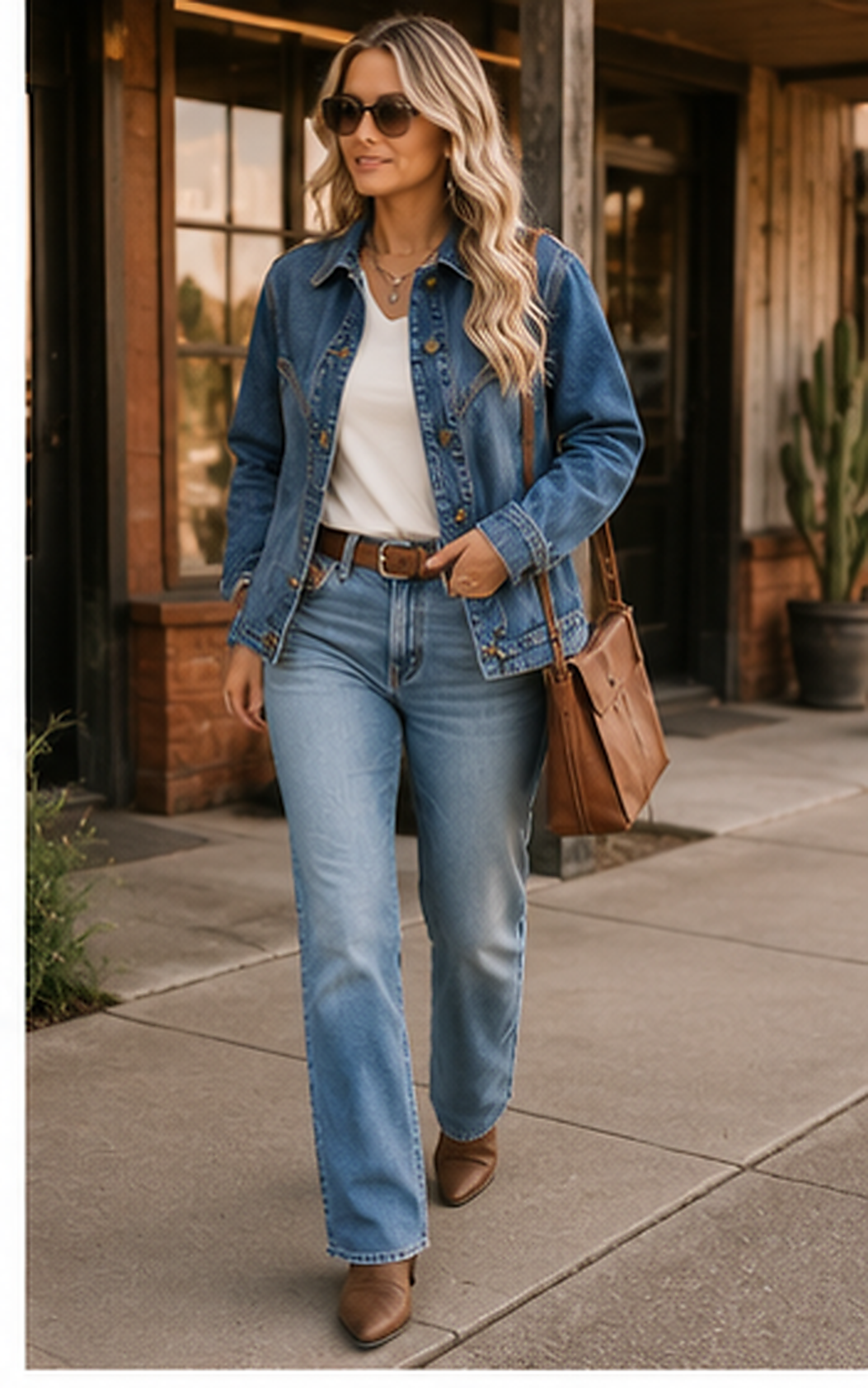 A woman walking on a sidewalk wearing a blue denim jacket and matching blue jeans, styled with a white top, brown belt, brown ankle boots, and a brown leather shoulder bag.