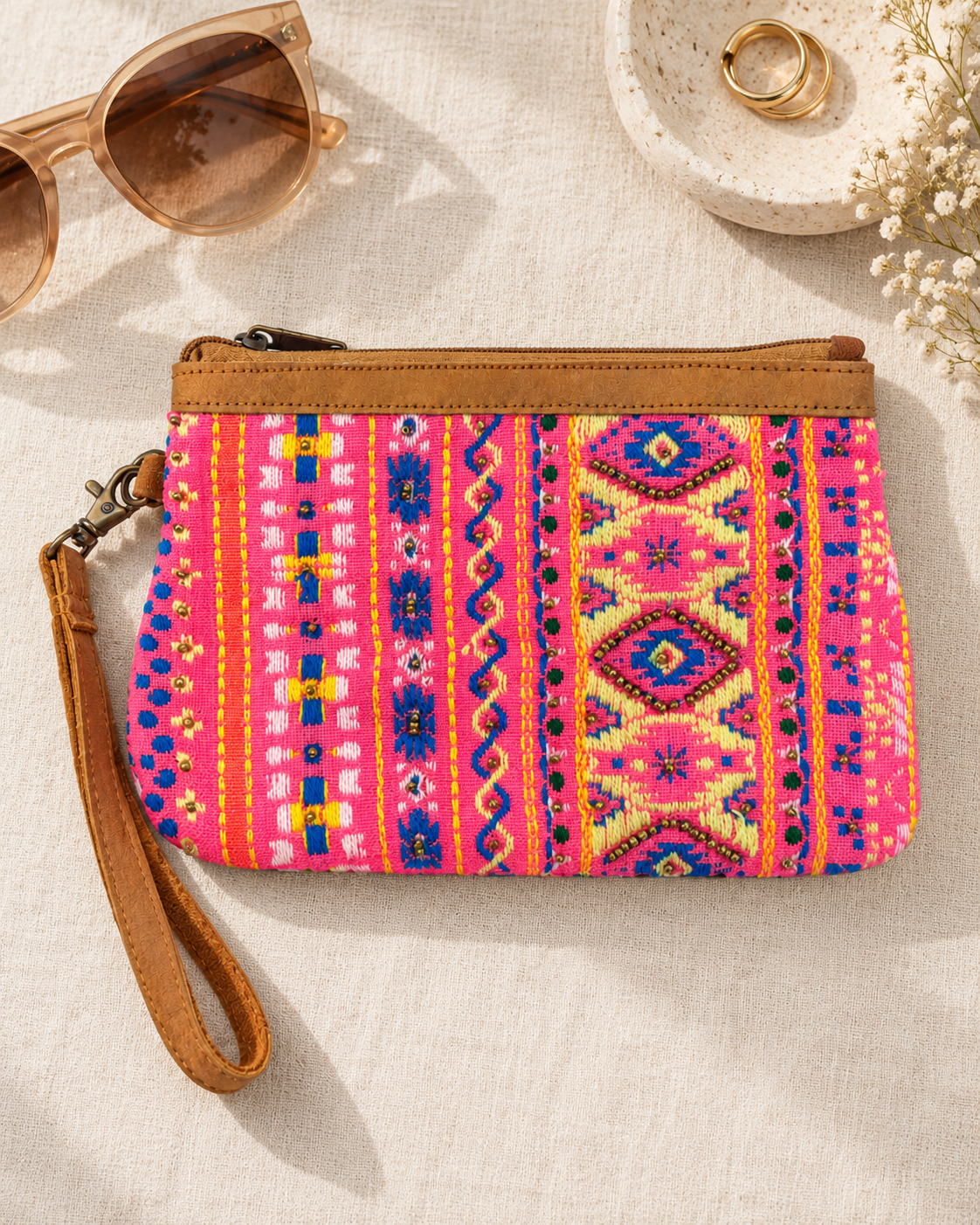 The Santa Fe Pink Embroidered Wristlet