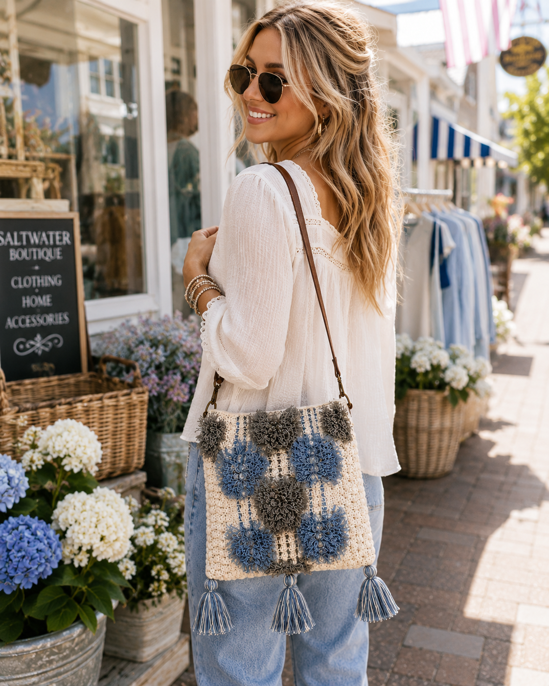 Woman holding a crocheted bag with blue and gray patterns in a shopping area.