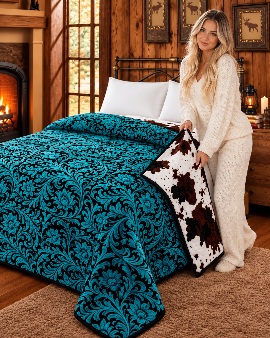 Turquoise Ranch Revival Reversible King Blanket