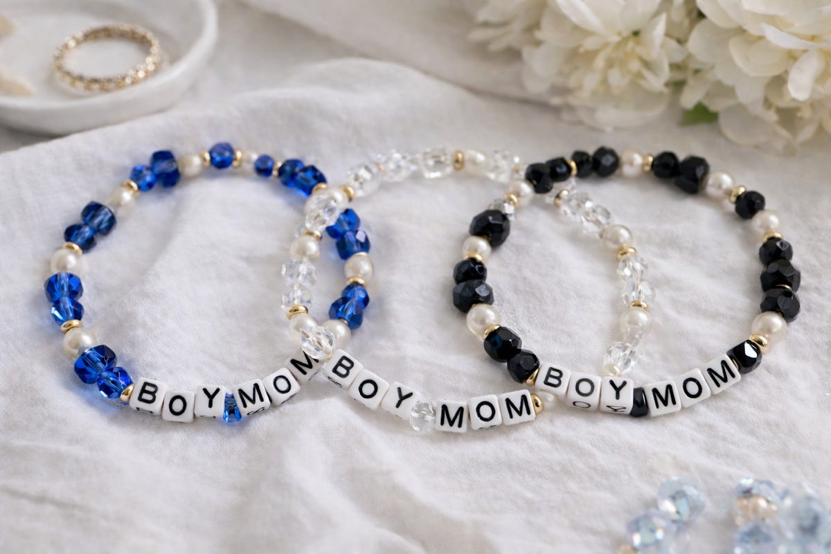 Boy Mama Beaded Stretch Bracelet – Faux Pearl & Faceted Glass Mom Bracelet
