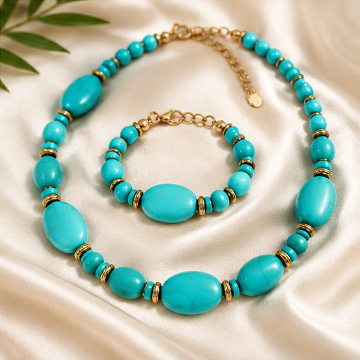 Turquoise & Gold Accent Necklace and Bracelet Set