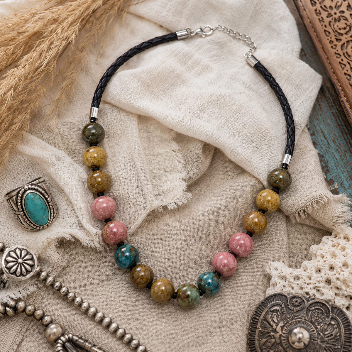 Coastal Canyon Round Ceramic Bead Necklace – Coastal Cowgirl Boho Statement Jewelry
