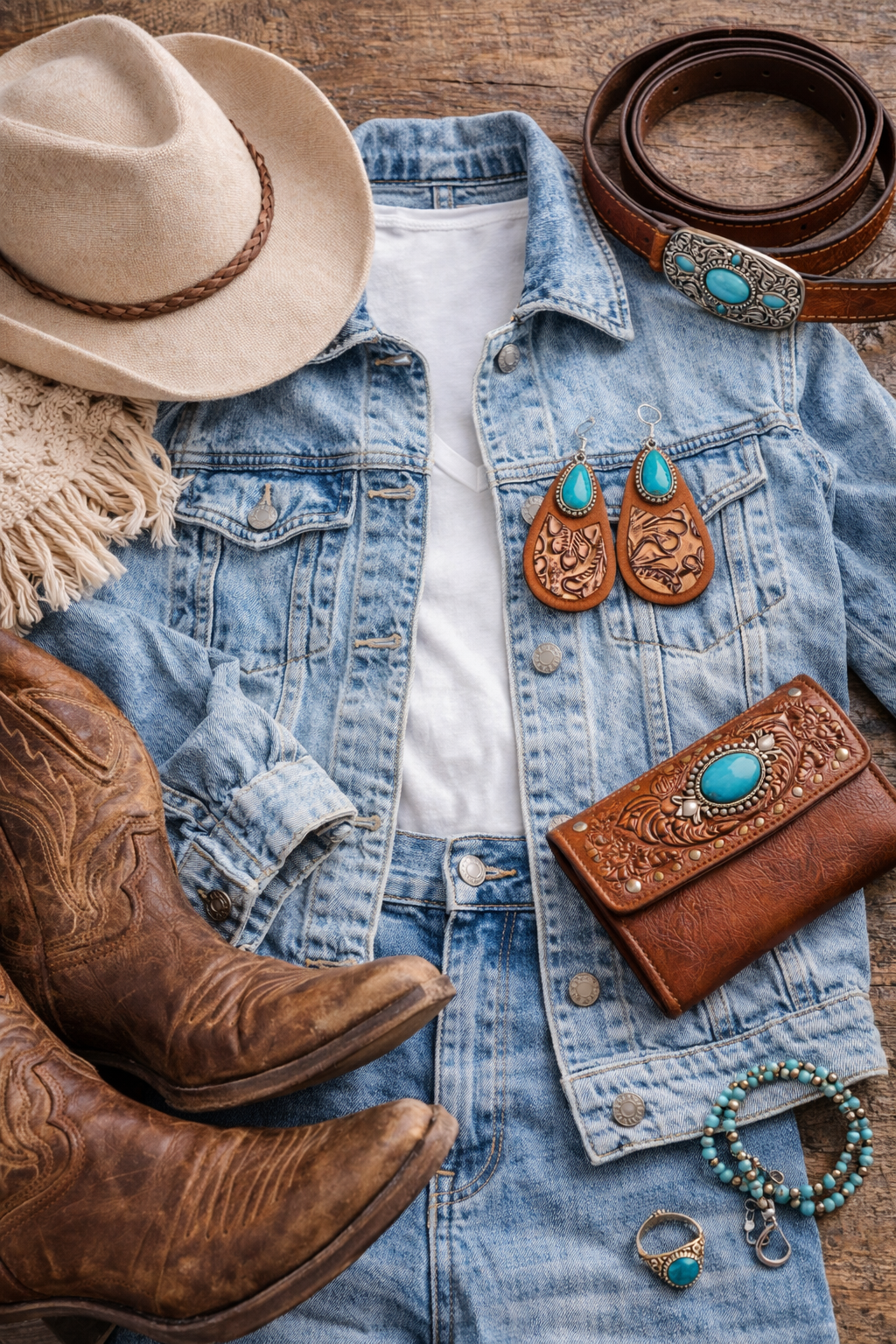 Saddle Ridge Faux Turquoise Wood Teardrop Earrings β Tooled Leather Western Style