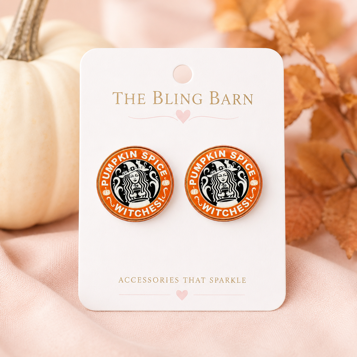 Pumpkin Spice Witches stud earrings on a Bling Barn accessory card with soft neutral fall decor.