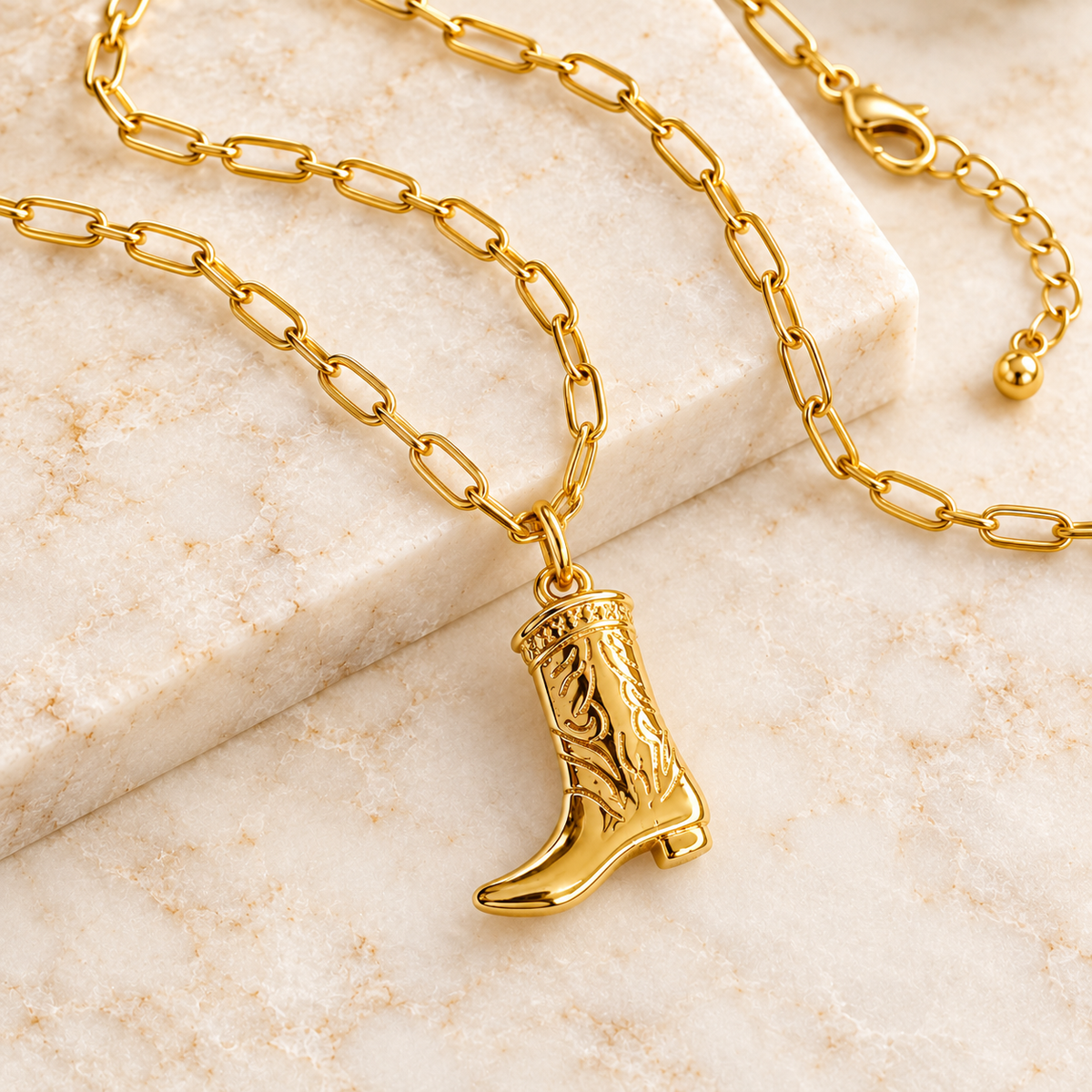 Golden Cowgirl Boot Pendant Necklace