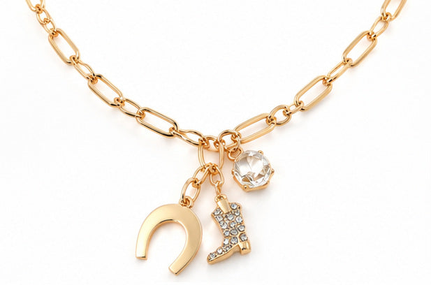 Lucky Cowgirl Western Charm Necklace – Horseshoe & Cowboy Boot