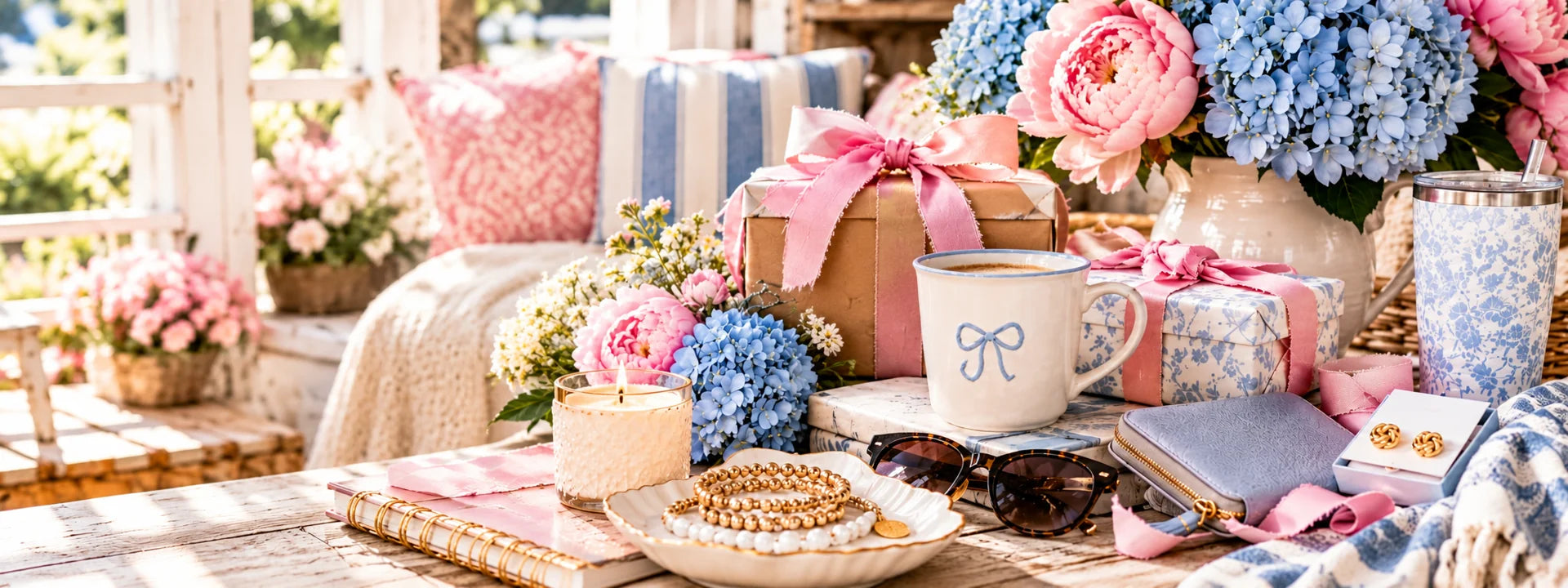 A sunlit gift still life with blue hydrangeas, pink peonies, wrapped gifts and everyday accessories.