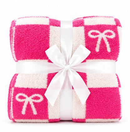Bright Pink Checkerboard Bow Cozy Throw Blanket