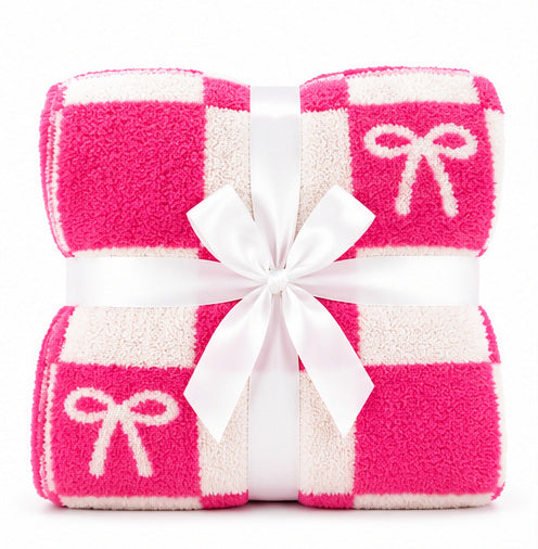 Bright Pink Checkerboard Bow Cozy Throw Blanket