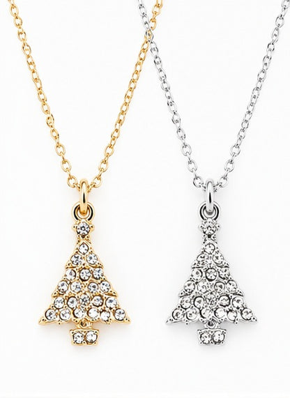Rhinestone Embellished Christmas Tree Pendant Necklace