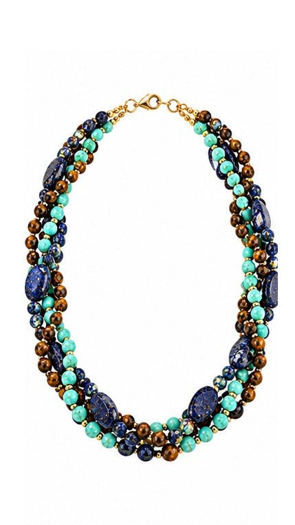 Tiger Eye, Turquoise & Lapis Lazuli Triple-Strand Natural Stone Necklace