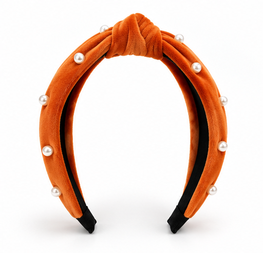 Burnt Sienna Velvet Knotted Headband with Faux Pearls – Rust Orange
