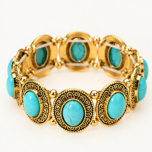 Western Oval Faux Turquoise Stretch Bracelet – Gold or Silver