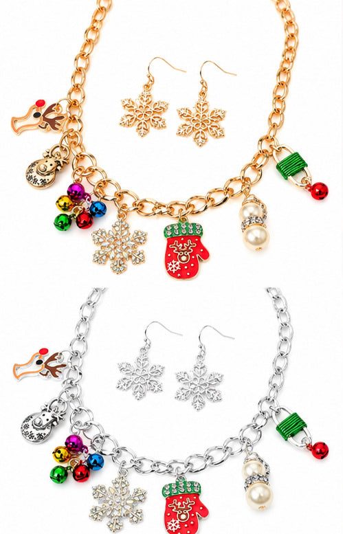 Christmas Charm Necklace and Snowflake Earrings Set | Gold or Silver