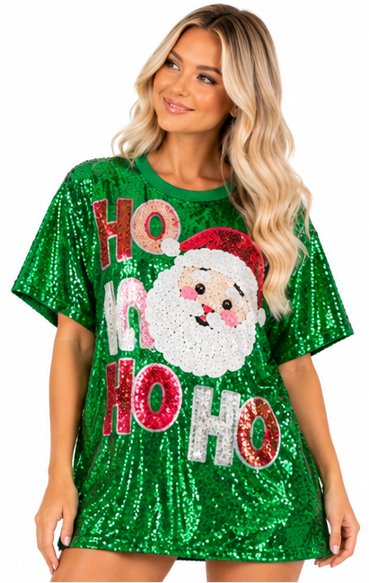 Ho Ho Ho Santa Sequin Christmas Party Shirt | Holiday Sparkle