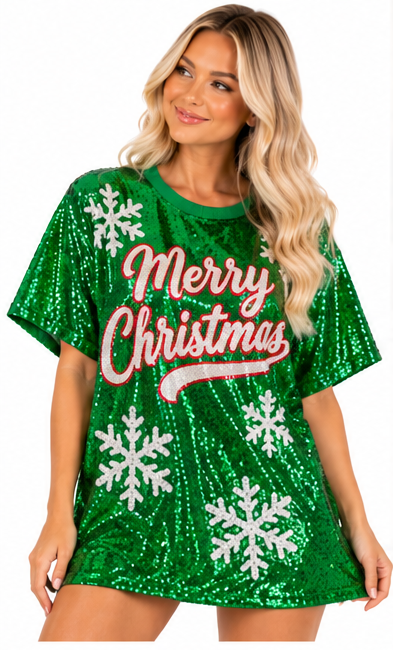 Merry Christmas Snowflake Sequin Party Shirt | Festive Holiday Sparkle