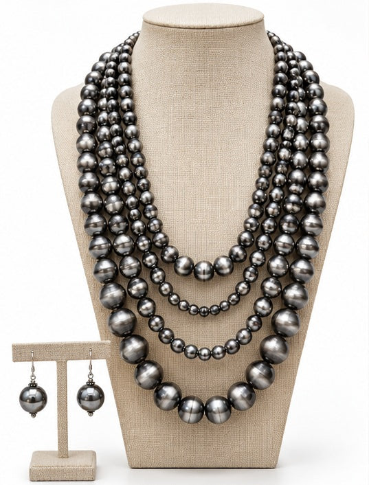 Western Silver-Tone Pearl 5-Strand Statement Necklace and Earring Set