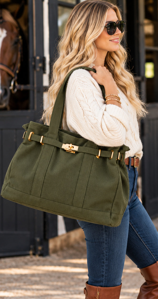Huntley Equestrian Barnkin Canvas Tote Bag – Olive Green