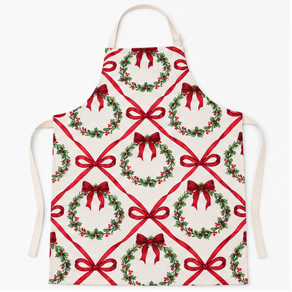 Christmas Wreath and Ribbon Bow Cotton Apron