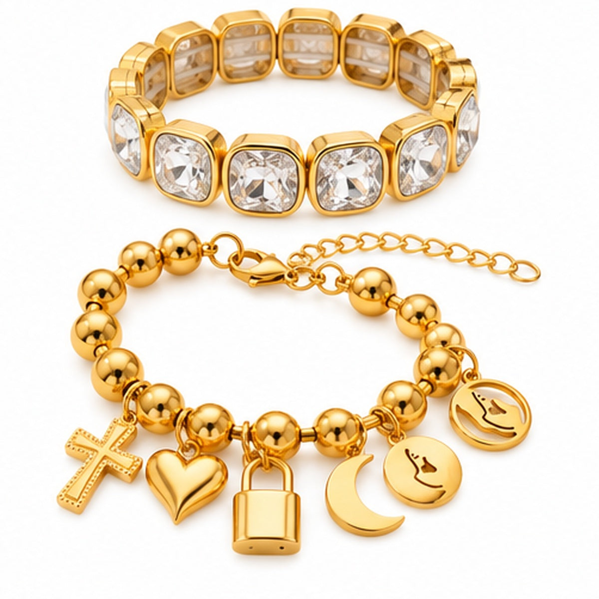 Golden Hour Crystal & Charm Bracelet Stack | 2-Piece Set