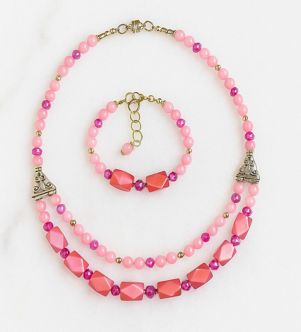 Rose Quartz & Mother of Pearl Necklace and Bracelet Set