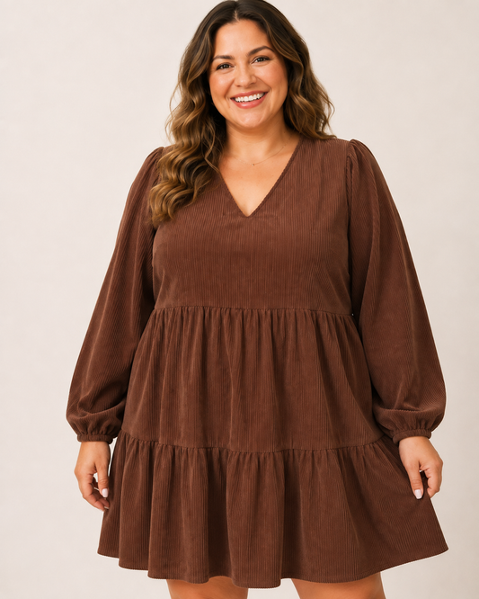 A woman wearing a brown long-sleeve tiered dress with a V-neckline, photographed against a plain light beige studio background.
